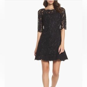 Eliza J Lace Fit & Flare Cocktail Dress (Black) (Size 8)